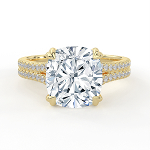 Bague de fiançailles en or jaune 14K 18K avec diamant de laboratoire taille coussin et saphir bleu dissimulé, à monture galerie entrelacée et anneau fendu - Product Image 2