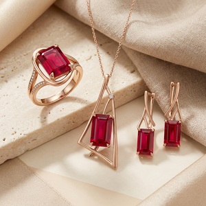 10K Solid Gold Natural <b>Ruby</b> Jewelry Set Geometric Ring Pendant <b>Necklace</b> and Stud Earrings Fine Jewelry - Product Image 4