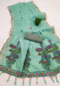 Sari de algodón de moda con bordado floral Meenakari y borlas, ropa tradicional para mujer, estilo indio pakistaní - Product Image 2