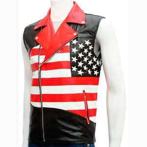 Chaleco de Cuero PU de Primera Calidad con Estampado de Bandera Americana, Estilo Motero, Cierre de Cremallera Frontal, Cuello Camisero, Ropa Exterior para Hombre - Product Image 1