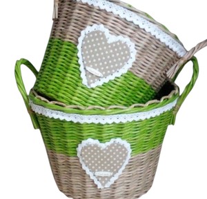 Panier en rotin à motif cœur charmant, vert et gris, tissé à la main, bacs de rangement décoratifs mignons pour la décoration intérieure - Product Image 4
