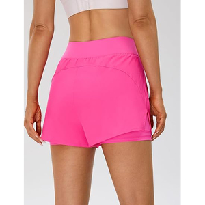 Shorts de sport rose fluo 2 en 1 pour femmes avec poche pour téléphone, polyester, taille haute, double couche, pour la course à pied et l'entraînement - Product Image 3
