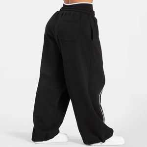 Pantalon de survêtement ample pour homme, noir, 100% coton molletonné, épais, respirant, taille élastique, avec bande latérale, style sportif - Product Image 3