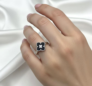 Top Quality Black Onyx Four Leaf Clover 14mm 925 Silver 18K <b>Gold</b> Plated CZ Diamond Center <b>Cocktail</b> Handmade <b>Ring</b> For Women Gift - Product Image 5