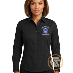 เสื้อเชิ้ตผู้หญิงสีดำติดกระดุม แบรนด์ Zeta Phi Beta ปักโลโก้ แขนสามส่วน ทรงคลาสสิก ผ้าฝ้ายป๊อปลิน 100% - Product Image 3