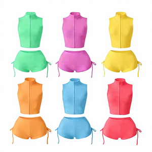 2026 Solid Casual Women's Yoga Set Custom Logo Zipper Jacket with Skinny Fit Summer Lace-Up <b>Shorts</b> Sports Gym Fitness - Product Image 1