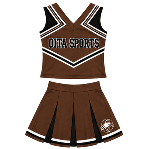 Ensemble d'uniforme de cheerleading marron, noir et blanc, avec crop top sans manches à col en V et jupe plissée, pour spectacle de danse et équipe de cheerleading - Product Image 2