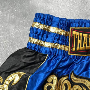 Thai Boxing Shorts Blue Black Gold Embroidered Muay Thai Fight Wear Unisex Adult Regular Fit 100% Polyester <b>Stretch</b> Durable - Product Image 5