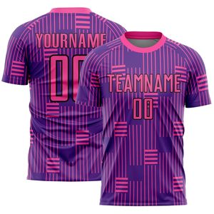 เสื้อฟุตบอลซับลิเมชั่นแบบกำหนดเองสำหรับผู้ชาย สีม่วงชมพูลายทาง คอกลม แขนสั้น ระบายเหงื่อได้ดี ชุดทีมฟุตบอล - Product Image 1