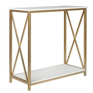 Consolle a 2 livelli in pino con specchio, piano in finto marmo e struttura in metallo dorato per soggiorno - Product Image 1