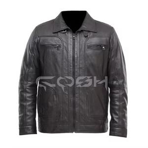 Veste moderne noire de style Cafe Racer avec poches zippées |   Vestes en cuir véritable pour hommes, style streetwear, avec col montant - Product Image 1