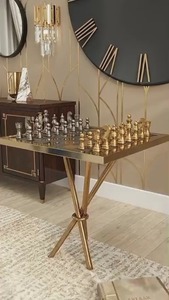 Mesa de ajedrez moderna de metal con marco dorado y tapa de vidrio para sala de estar, mueble decorativo - Product Image 3