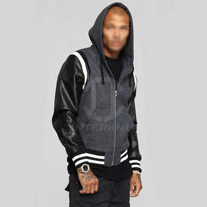 Veste varsity en laine pour homme, style streetwear d'hiver, avec manches en cuir, imprimé géométrique et dessin animé, à capuche, personnalisable - Product Image 2