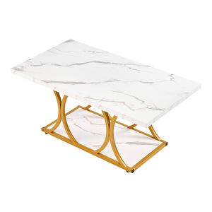 Tavolino da Caffè Moderno ed Elegante a 2 Livelli, Rettangolare in Finto Marmo con Gambe Geometriche in Metallo, Grande e Robusto - Product Image 1