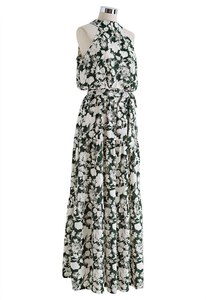 Vestido Largo Halter con Estampado Floral, Chifón Tejido Ecológico, Sin Mangas, con Cinturón, Cuello Alto, Casual, para Vacaciones de Verano - Product Image 4