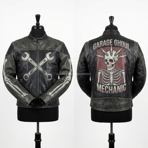 Chaqueta de Cuero Vintage Azul y Blanca con Gráfico de Animadora Zombi y Estampado de Pompones, Chaqueta de Motero, Fabricante Personalizado, Ropa Urbana - Product Image 3