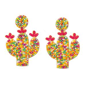 Boucles d'oreilles pendantes tendance en argent plaqué, faites à la main, style bohème vert, inspirées du désert, avec perles vibrantes et motif cactus, pour soirée - Product Image 1