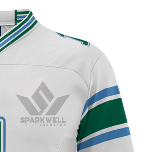 Maillot de football pour homme blanc, vert et bleu, col en V, manches courtes, en mesh, avec numéro d'équipe imprimé sur le devant, vêtement de sport - Product Image 5