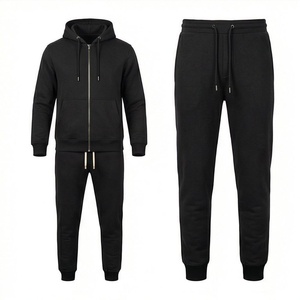 Ensemble de survêtement noir à capuche pour homme, sweat-shirt zippé et pantalon de jogging, couleur unie décontractée, 100 % coton respirant, idéal pour l'automne - Product Image 1