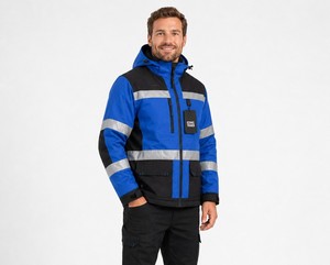 Men's Blue Black Hi Visibility Work <b>Jacket</b> With Reflective Stripes And Hood Polyester Material For Safety <b>Jacket</b> - Product Image 5
