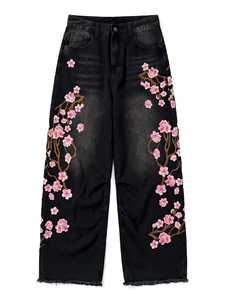Pantalones de forro polar negros de cintura baja y pierna ancha para mujer con aberturas y bordado rosa, ajuste holgado, largo hasta el tobillo, informales, para invierno - Product Image 1