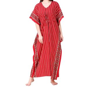 Robe Kaftan Vintage 100% Coton Rayée Rouge Coupe Trapèze Longueur Genou Col en V Imprimée Décontractée pour l'Été - Product Image 3