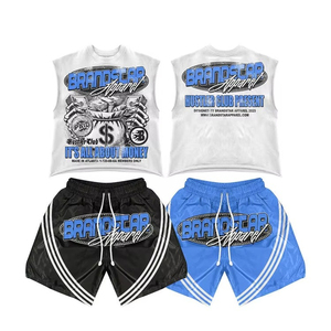 Conjunto de Camiseta y Pantalones Cortos Oversize para Hombre, Lavado Ácido, Estampado de Grafiti Personalizado, Patrón de Letras, 100% Algodón Jersey, Estilo Casual Desgastado, Dos Piezas - Product Image 1