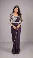 Saree Sutra Biru Tua Elegan Dengan Bordir Putih Dan Lengan Panjang Untuk Wanita Pakaian Pernikahan Gaya India Pakistan Panjang Hingga Lantai