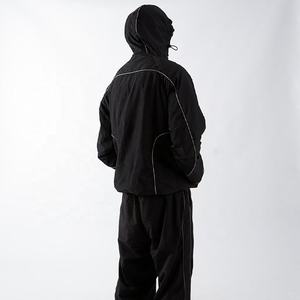 Veste coupe-vent à capuche pour homme, noire unie, fermeture éclair, style sportif, vêtement d'automne, polyester - Product Image 6