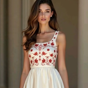 Vestido midi sin mangas color crema para mujer, corte en A, tela premium de alta calidad, bordado floral rojo vibrante, vestido midi para mujer - Product Image 1