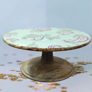 Eco-Friendly Wooden Cake Stand with Red Pattern Round Design Handmade Serving <b>Tray</b> for Dessert Display Hand Wash Only - Product Image 3