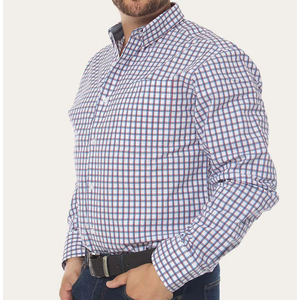 Chemise habillée à carreaux personnalisée pour homme, manches longues, formelle, boutonnée, en coton, motif quadrillé rouge et bleu, pour le printemps - Product Image 3