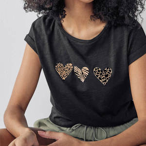 Women's Black Animal Print Heart T-Shirt Regular Fit Short Sleeve O-Neck Casual Jersey Cotton <b>Top</b> - Product Image 4