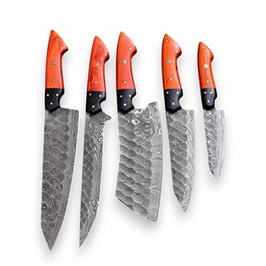 Ensemble de 5 couteaux de chef de cuisine de style japonais, OEM/ODM personnalisé, lames en acier Damas martelé, manche ergonomique en bois, ambidextre, haute qualité - Product Image 1