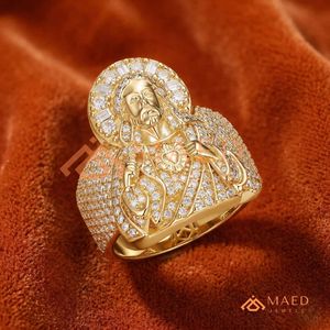18K Yellow Gold Plated Jesus Piece <b>Ring</b> <b>Iced</b> Out Sacred Heart Hip Hop Religious Jewellery Diamond Halo Christ Portrait <b>Ring</b> - Product Image 4