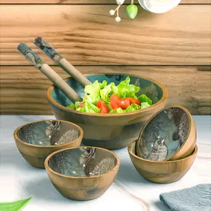 Juego de Tazones de Madera para Servir, Exterior de Madera Natural con Interior Esmaltado, Vajilla Rústica y Moderna - Product Image 1