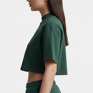 Top Corto de Cuello Alto Verde para Mujer con Logotipo Personalizado, Manga Corta, Color Sólido, Jersey de Algodón, Informal, Transpirable, Tejido, Primavera Verano - Product Image 5