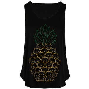 Débardeur Noir Sans Manches pour Homme, Col Rond, Imprimé Ananas et Chats Cartoon, Tricoté Décontracté 100% Coton Respirant - Product Image 4