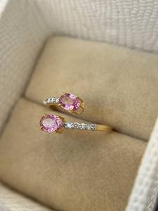 Anillo de Dos Piedras de Zafiro Rosa, Anillo de Compromiso, Boda o Aniversario de Plata de Ley 925 con Baño de Oro de 14K - Product Image 5