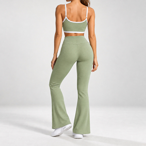 Green Ribbed Double Strap Cami Bralette Flare Yoga <b>Pants</b> Contrast Piping High Waisted Bootcut Women <b>Dance</b> Bell Bottom Set - Product Image 4