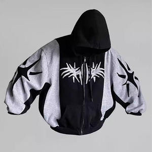 <b>Mens</b> <b>Black</b> Grey Color Block Zip Up Hoodie Oversized Graphic Hooded Sweatshirt Streetwear Casual Fleece Jacket - Product Image 2