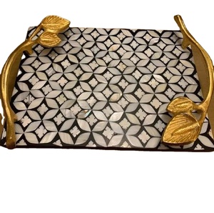 Plateau de service rectangulaire en nacre noir et blanc en laiton poignée plateau décoratif fournitures d'hôtel faites à la main - Product Image 1