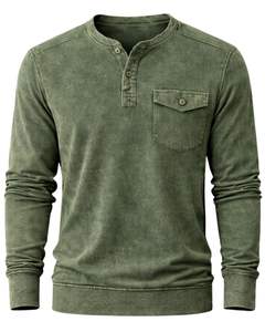 Sudadera Henley de Manga Larga para Hombre, Personalizada, con Lavado Ácido, Verde, Estilo Casual con Botones y Bolsillos, para Invierno, de Algodón, Corte Ajustado - Product Image 1