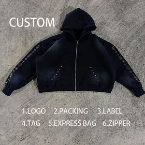 Sudadera con capucha y cremallera para hombre, estilo urbano, diseño de diamantes de imitación, 100% algodón, lavado ácido, venta al por mayor, primavera-otoño, nueva tendencia OEM - Product Image 5