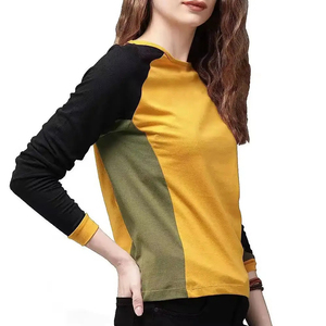 Camiseta de Punto de Manga Larga con Cuello Redondo y Bloques de Color para Mujer, Corte Regular Informal, Transpirable, 100% Algodón, para Todas las Temporadas - Product Image 3