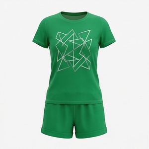 Ensemble de sport 2 pièces pour femme, imprimé géométrique vert, t-shirt à manches courtes et short au-dessus du genou, coupe régulière, séchage rapide, tricoté - Product Image 1