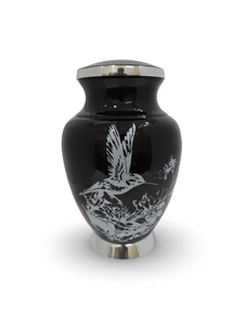 Black Metal Urn <b>Memorial</b> Cremation <b>Keepsake</b> Vase with Silver Lid Bird Floral Design Velvet Bag - Product Image 2