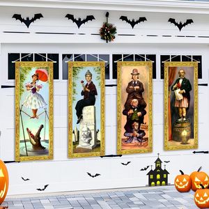 Gran Set de 4 Decoraciones de Halloween: Retratos Estirables de Mansión Encantada, Fondo de Vinilo Vintage, Póster de Terror para Exteriores - Product Image 1