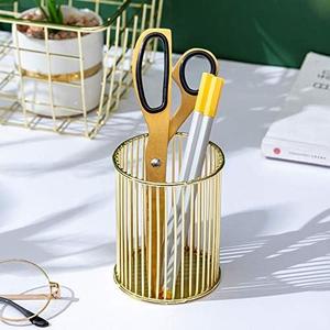 Contemporary Hollow <b>Grid</b> Gold <b>Metal</b> Pen Cup Modern Architectural Desktop Stationery Container - Product Image 3