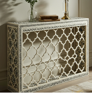 Console élégante en os incrusté noir et blanc avec un design de cadre ajouré en treillis, disponible en gros - Product Image 1